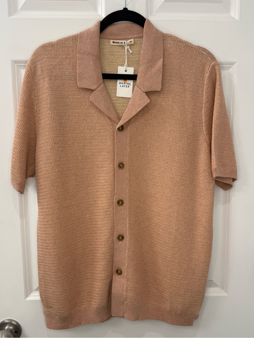 Marine Layer Asher Sweater Resort Shirt Mens M Raw Earth Peach Knit Button Up